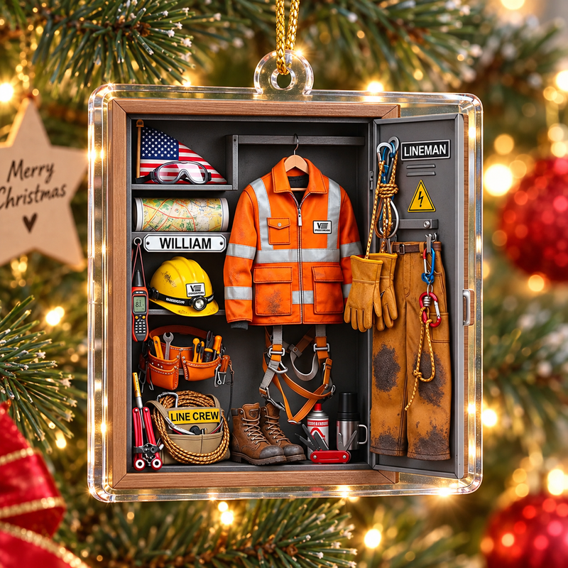 Lineman Line Crew Ornament Personalized Christmas Gift for Electrical Utility Worker available at our Austin, Texas warehouse