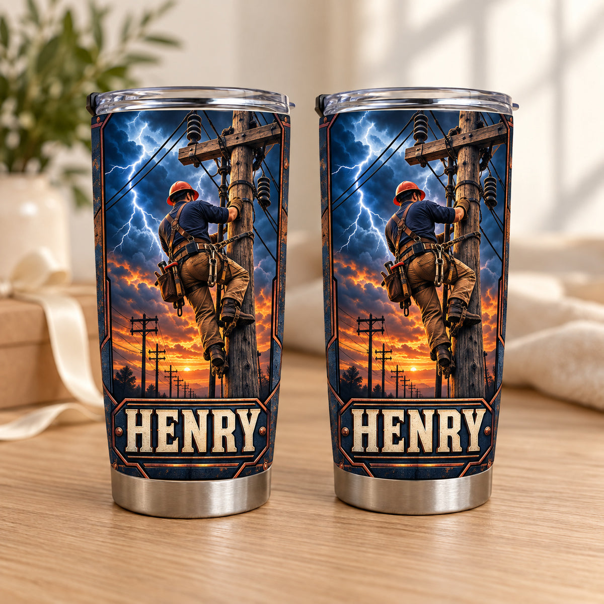 Personalized Lineman Storm Tumbler Custom Name Utility Worker Gift - main design