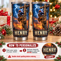 Personalized Lineman Storm Tumbler Custom Name Utility Worker Gift - personalization options and ordering guide