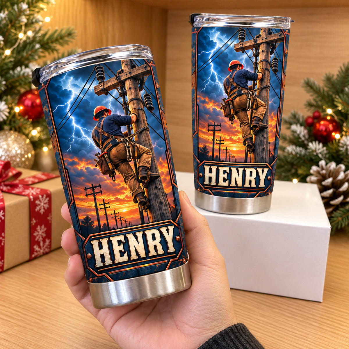 Personalized Lineman Storm Tumbler Custom Name Utility Worker Gift - product view 4