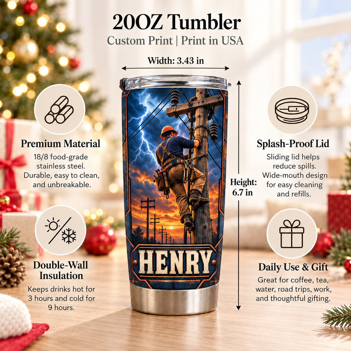 Personalized Lineman Storm Tumbler Custom Name Utility Worker Gift - product view 8
