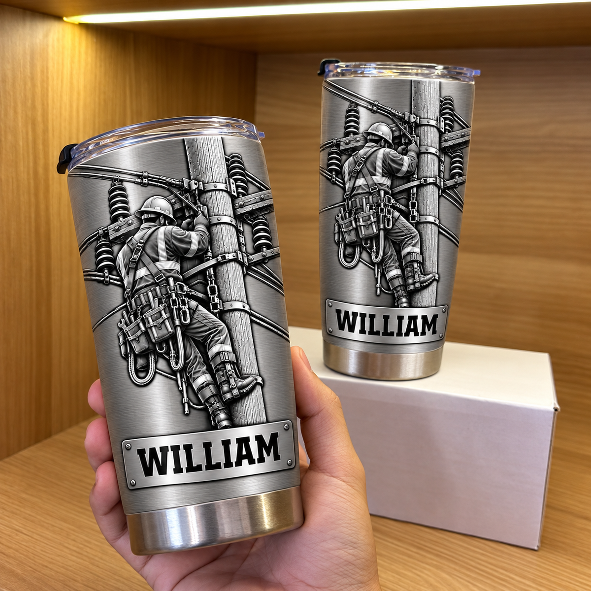 Personalized Lineman Tumbler Utility Worker with a faux metal lineman print and the name William on a shelf.
