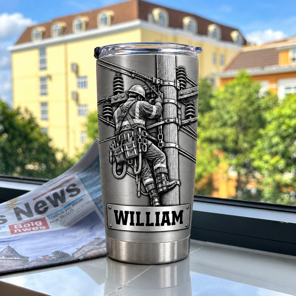 Personalized lineman tumbler utility worker standing on a windowsill with a newspaper and distant building view.