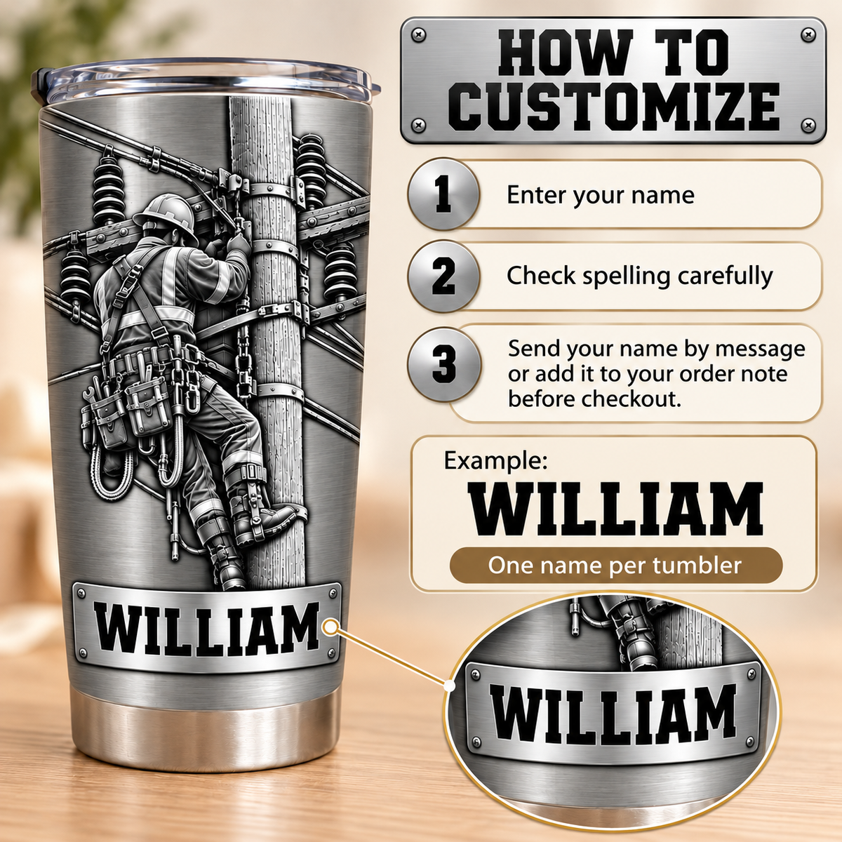 Personalized lineman tumbler with silver-tone print, utility worker climbing a pole, and custom nameplate showing WILLIAM.