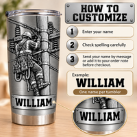 Personalized lineman tumbler with silver-tone print, utility worker climbing a pole, and custom nameplate showing WILLIAM.
