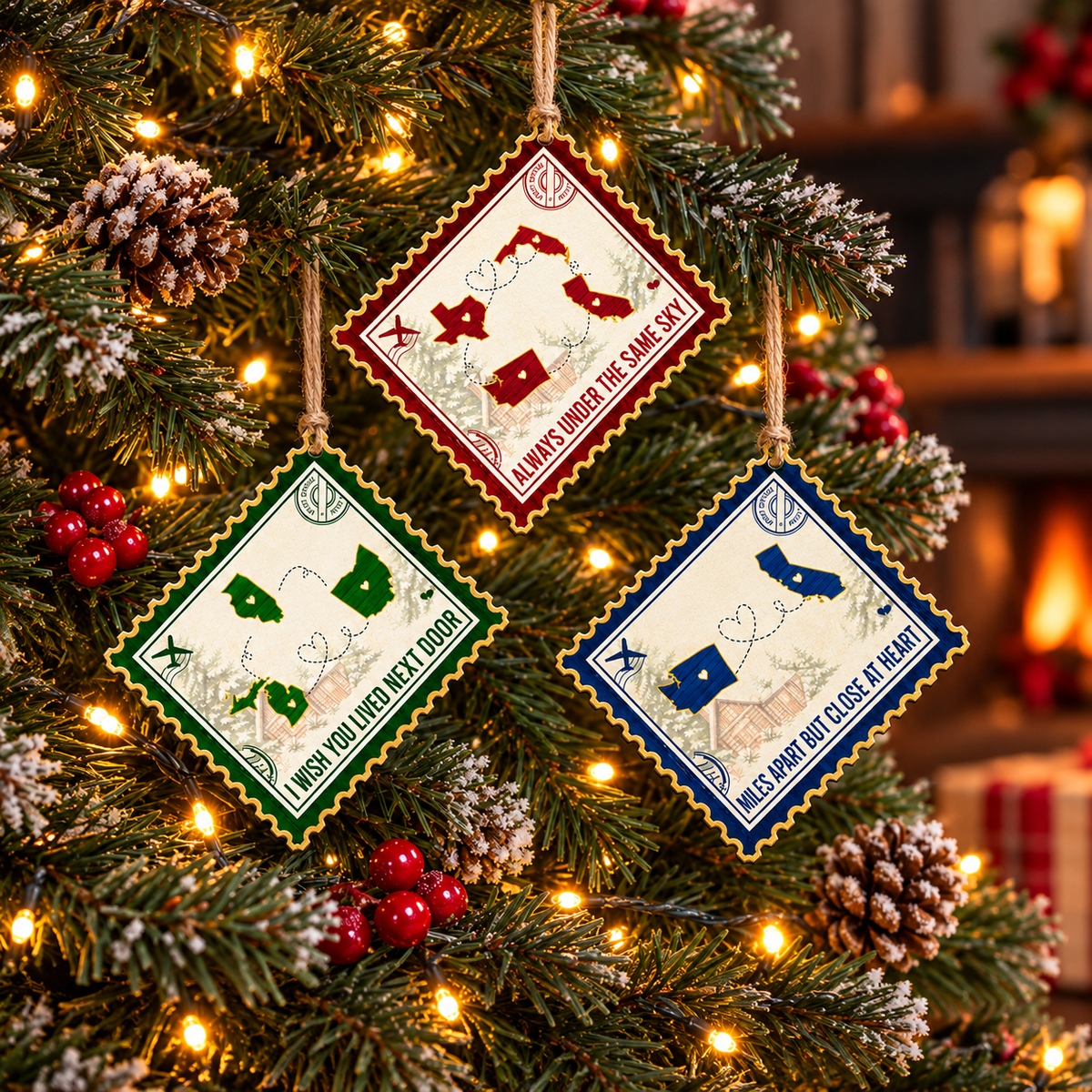 Personalized Long Distance State Wood Ornament Postage Stamp Christmas Gift - main design