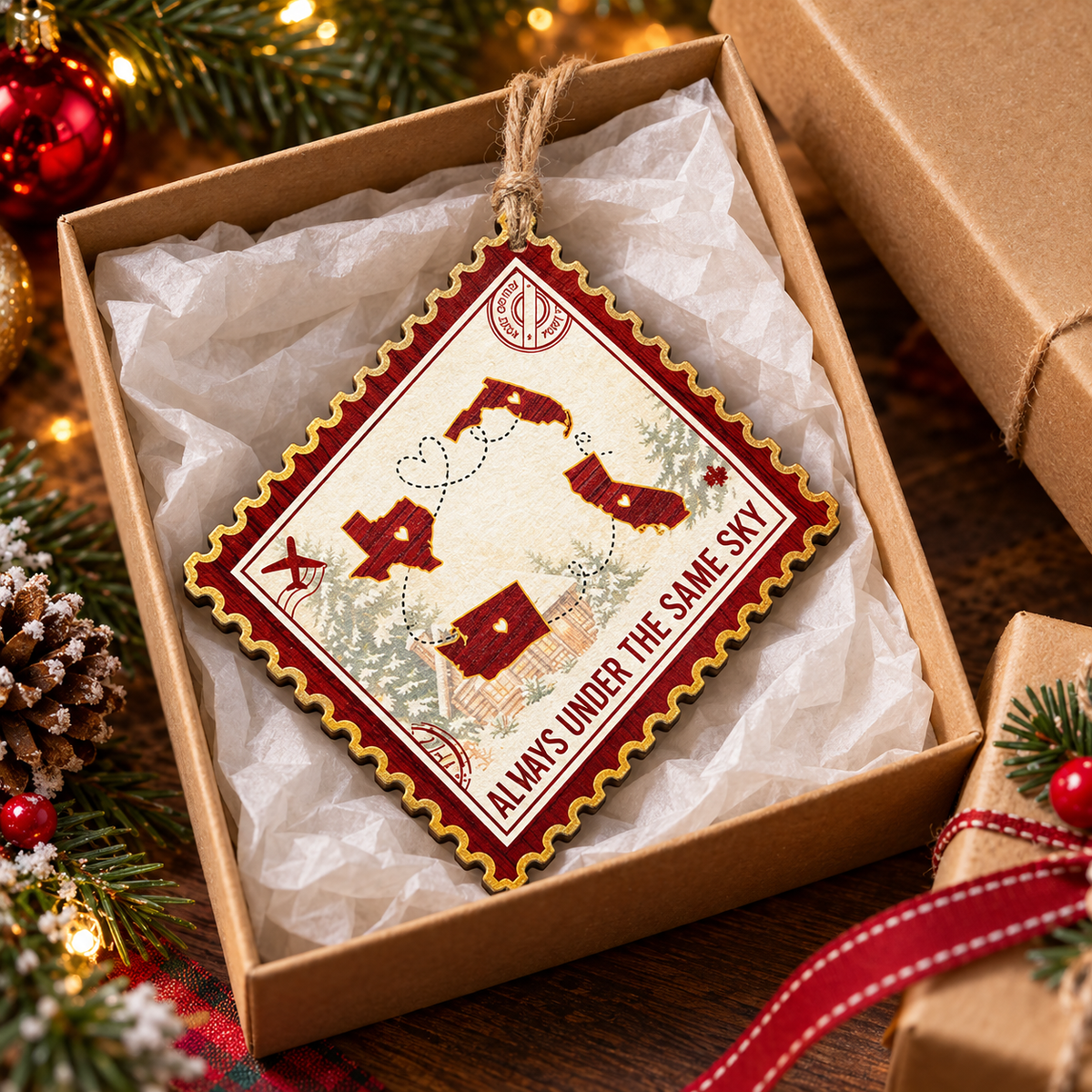 Personalized Long Distance State Wood Ornament Postage Stamp Christmas Gift - product view 4