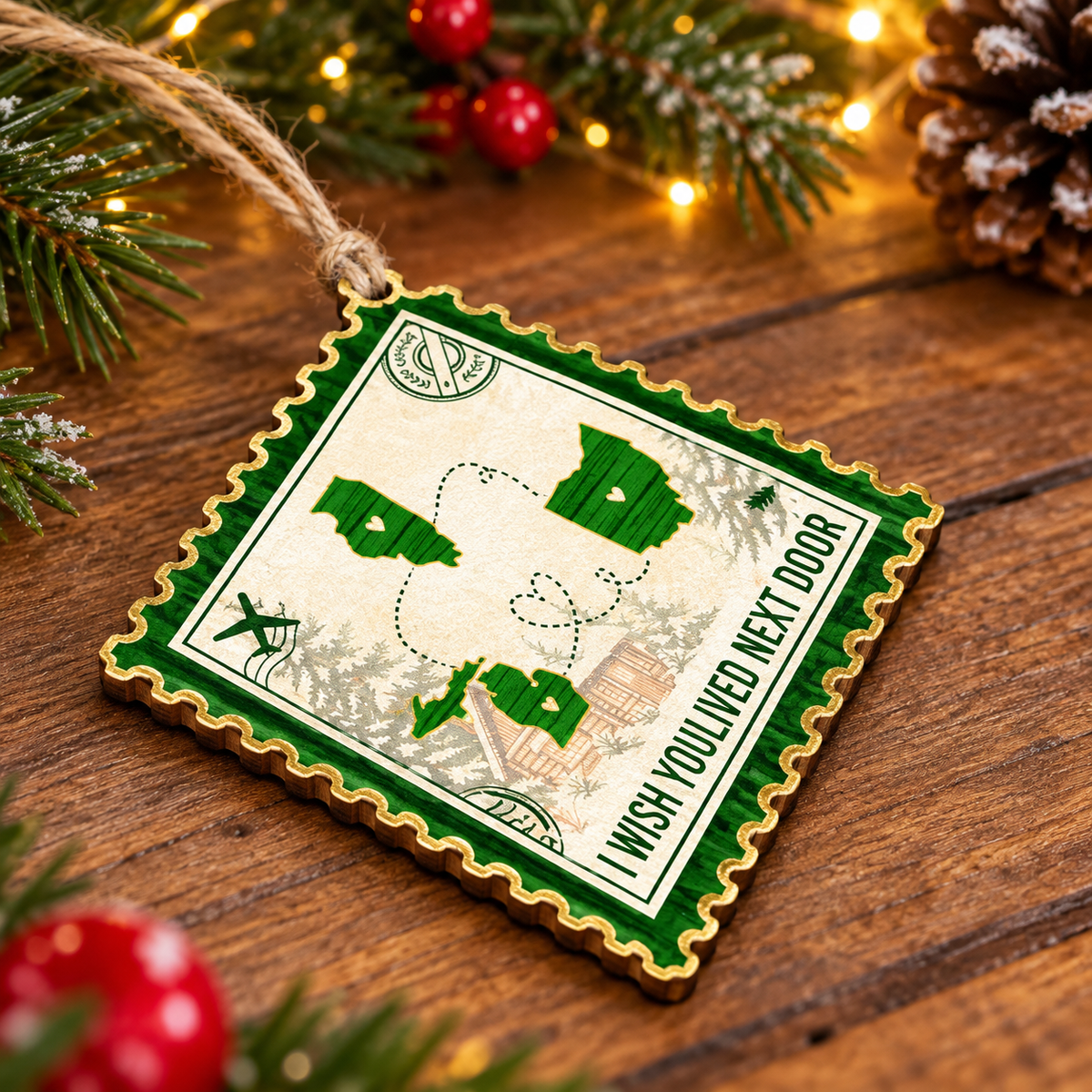 Personalized Long Distance State Wood Ornament Postage Stamp Christmas Gift - product view 5