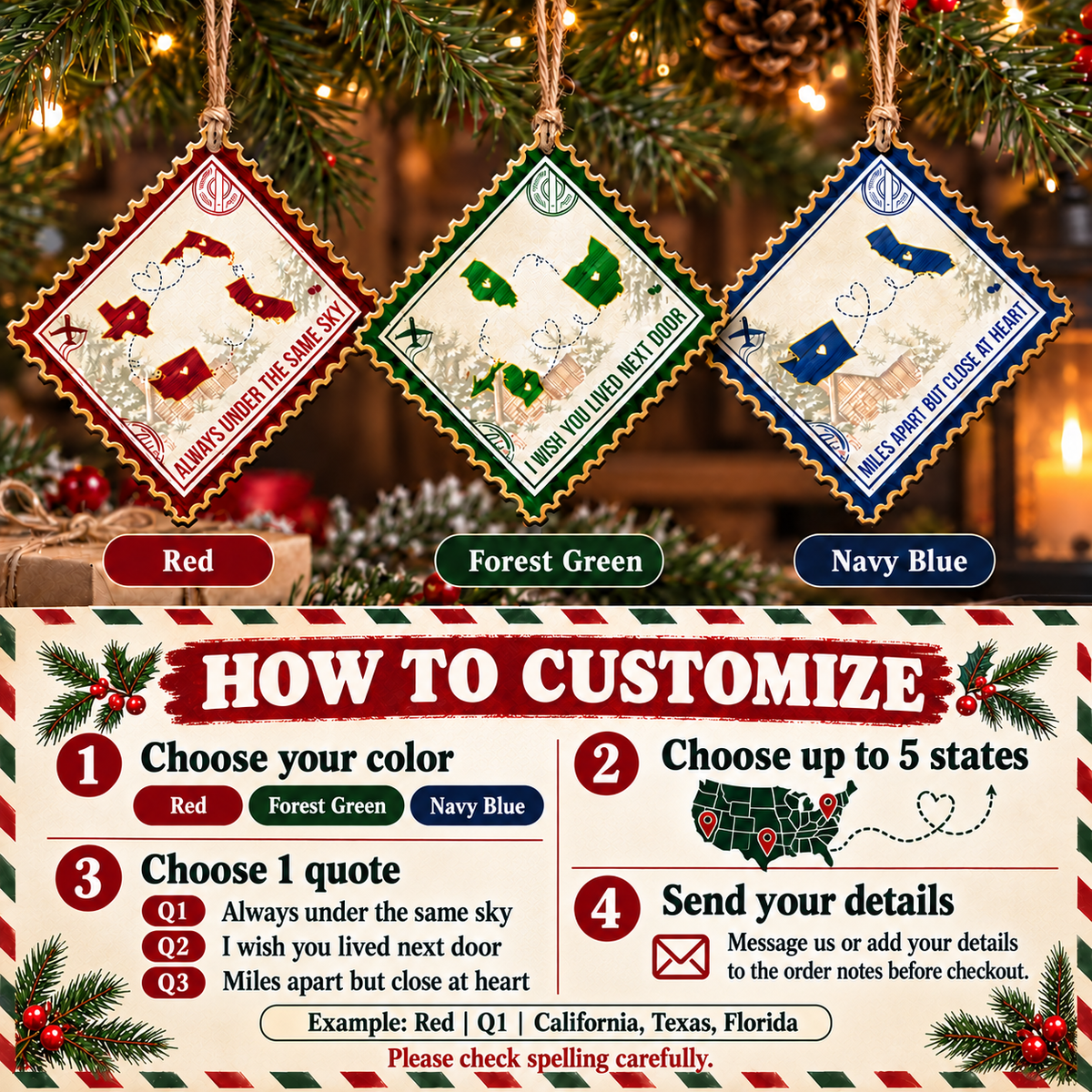 Personalized Long Distance State Wood Ornament Postage Stamp Christmas Gift - personalization options and ordering guide