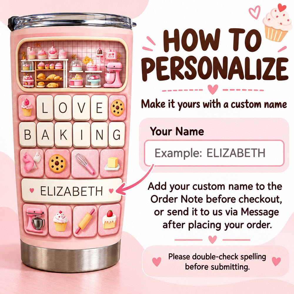 Instruction graphic showing how to personalize the pink stainless steel cup with a custom name.