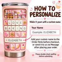 Instruction graphic showing how to personalize the pink stainless steel cup with a custom name.