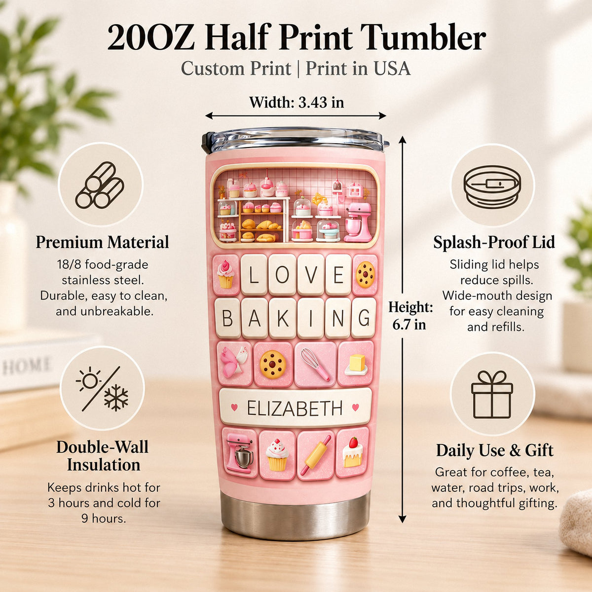 Infographic detailing features and dimensions of the 20oz insulated stainless steel tumbler.