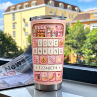 Personalized stainless steel tumbler featuring a bakery kitchen scene and keyboard keys by a sunny window with a newspaper.