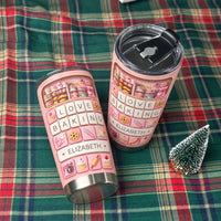 Two pink stainless steel tumblers featuring a keyboard design with baking icons and the custom name ELIZABETH on a plaid