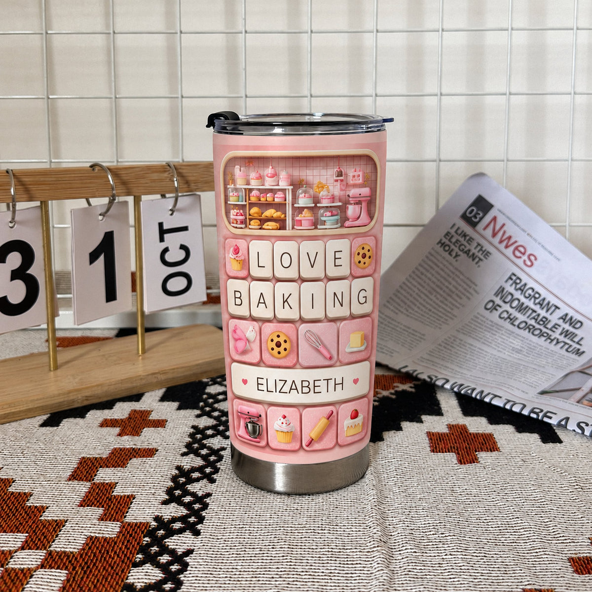 Love Baking Tumbler Personalized in pastel pink and white with a 3D keyboard design featuring baking icons next to a