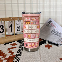 Love Baking Tumbler Personalized in pastel pink and white with a 3D keyboard design featuring baking icons next to a