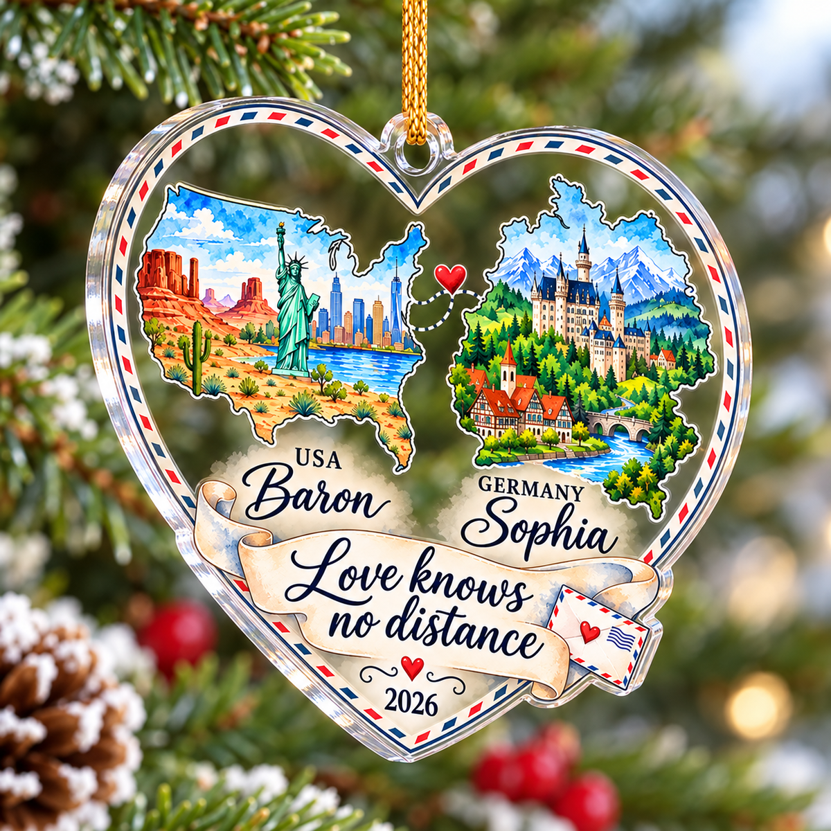 Heart-shaped acrylic ornament hanging on a snowy Christmas tree branch featuring USA and Germany art and names Baron and