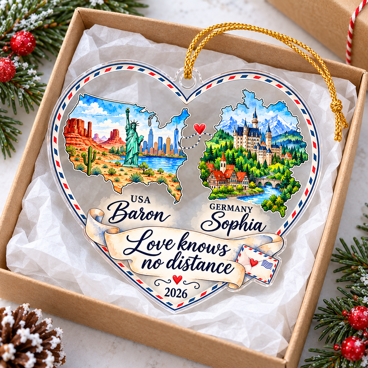 Love Knows No Distance ornament resting inside an open gift box lined with white tissue paper next to pine sprigs.