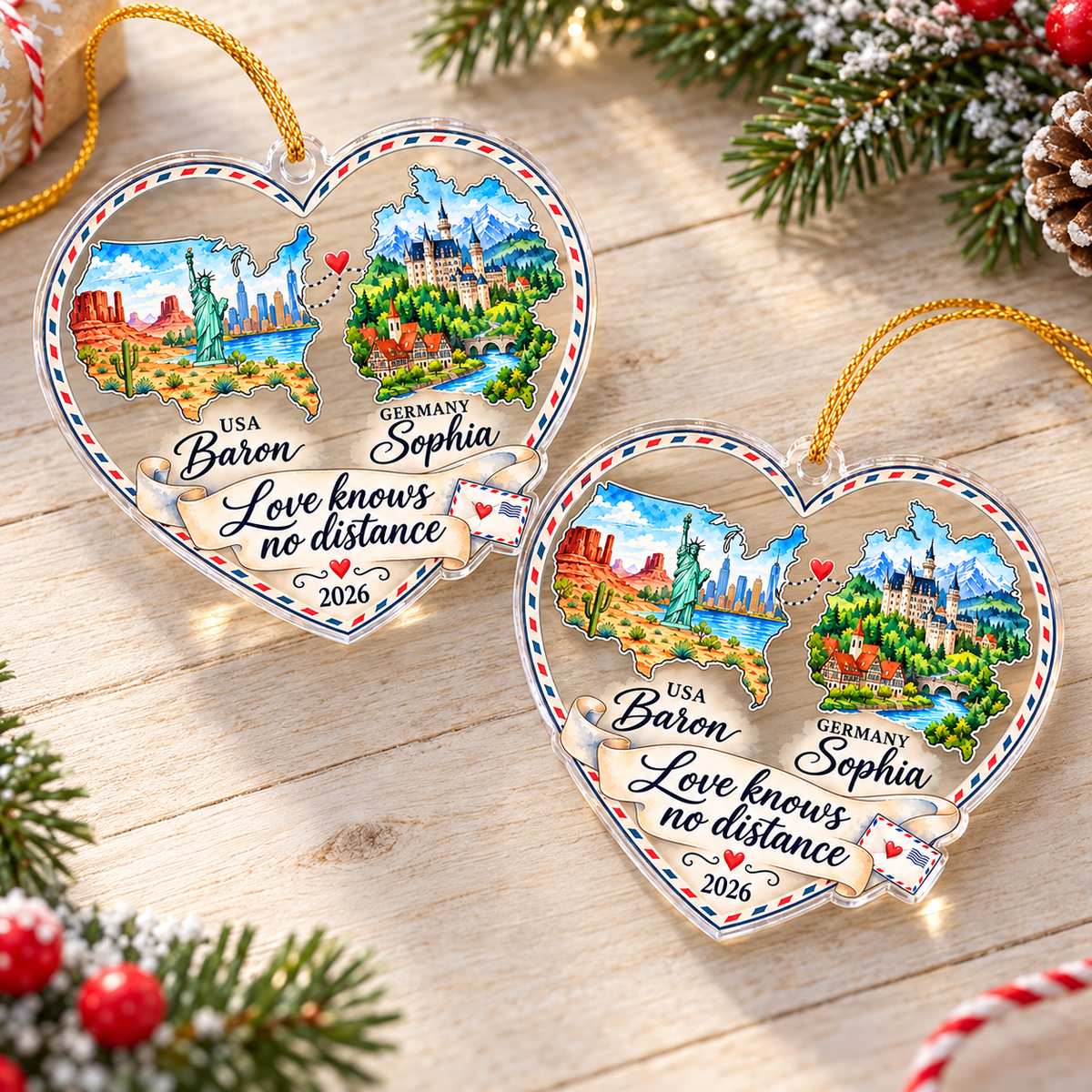 Two personalized acrylic heart ornaments displayed side-by-side on a rustic wooden table with pine tree accents.