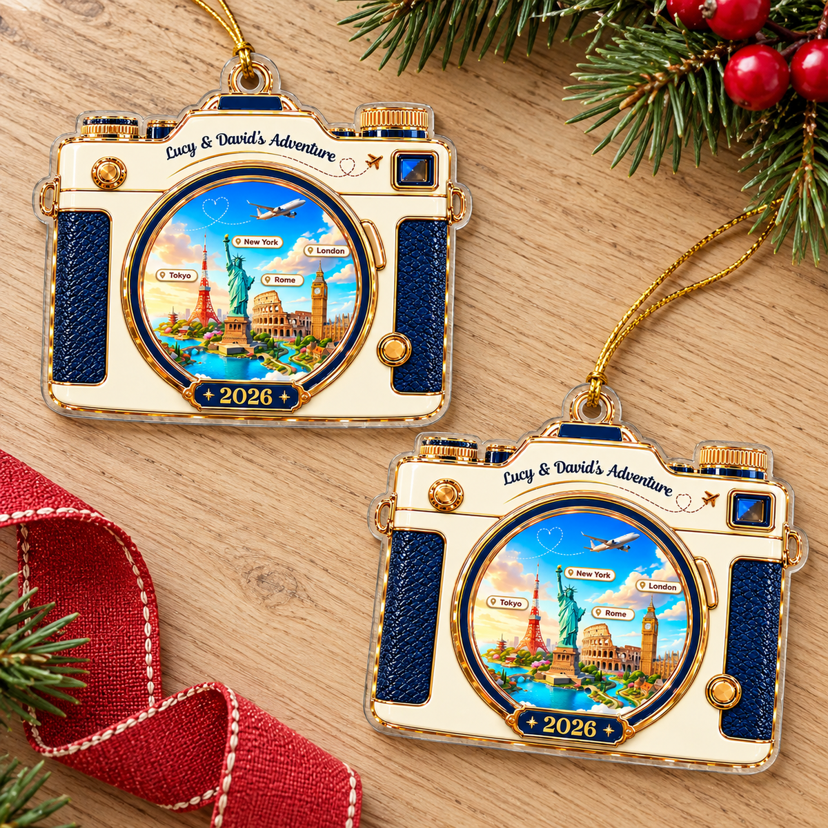 Two camera-shaped acrylic Christmas tree ornaments laid side by side on a wooden surface.