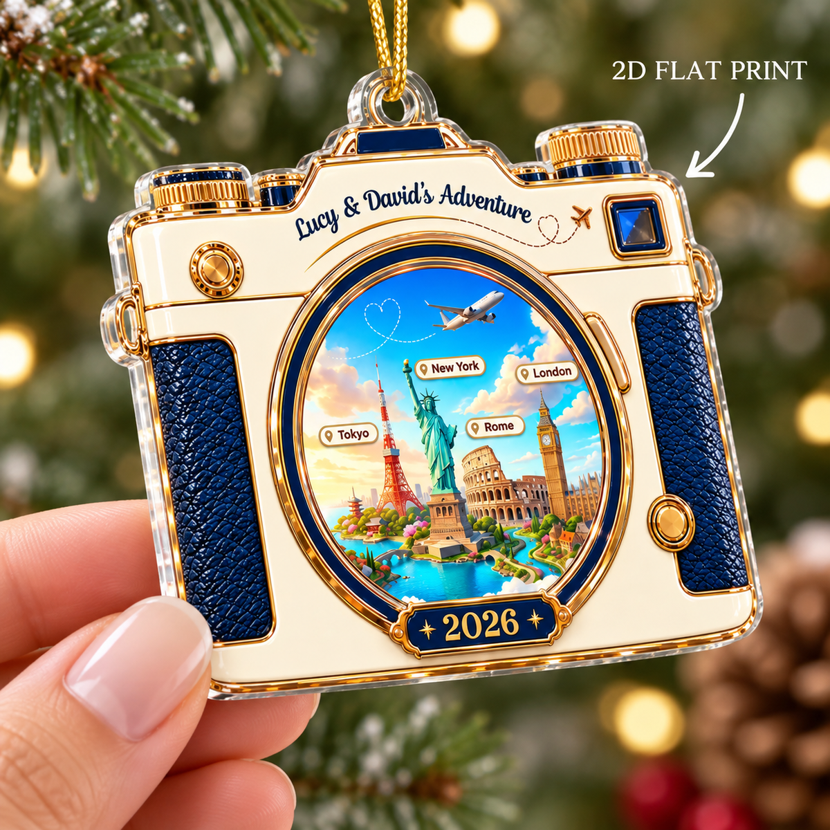 Hand holding a single-sided flat acrylic travel ornament featuring global landmarks in the lens.