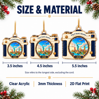 Infographic chart displaying size and material details for 3.5, 4.5, and 5.5 inch acrylic ornaments.