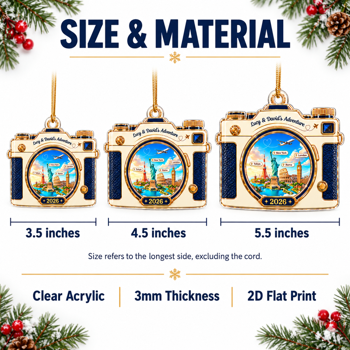 Infographic chart displaying size and material details for 3.5, 4.5, and 5.5 inch acrylic ornaments.