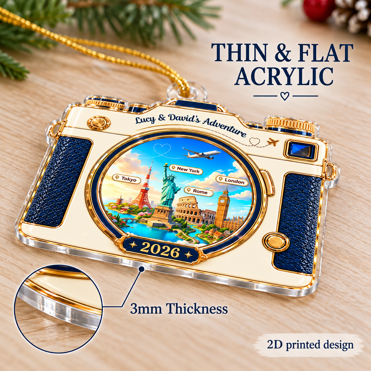Close-up of the thin 3mm profile on a custom travel camera ornament with gold trim.