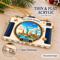 Close-up of the thin 3mm profile on a custom travel camera ornament with gold trim.