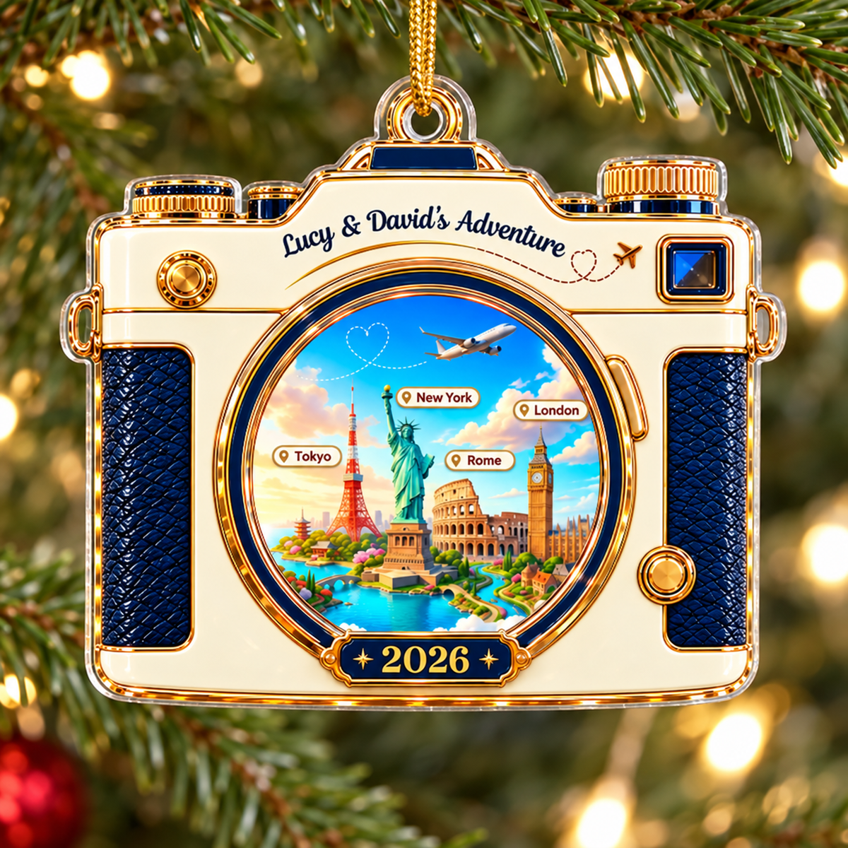 Personalized vintage travel Christmas keepsake hanging on a glowing pine tree branch.