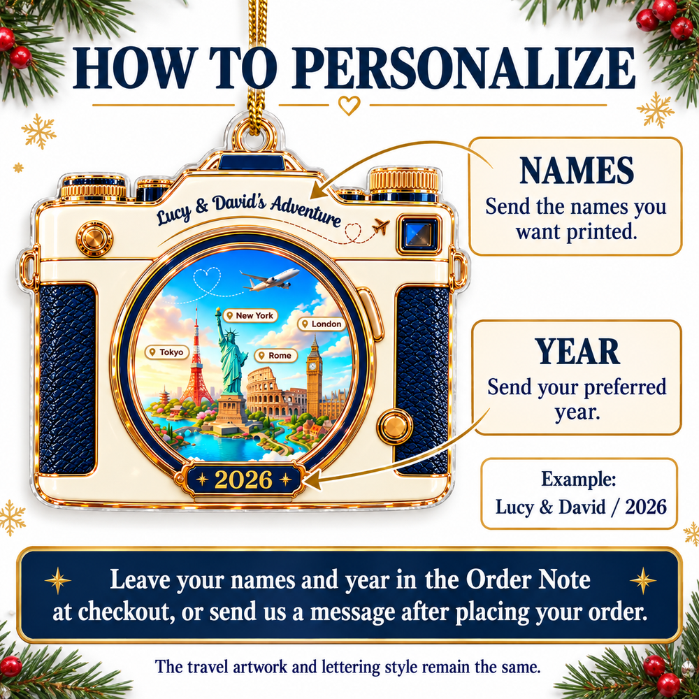 Step-by-step personalization guide explaining how to add names and year to the custom ornament.