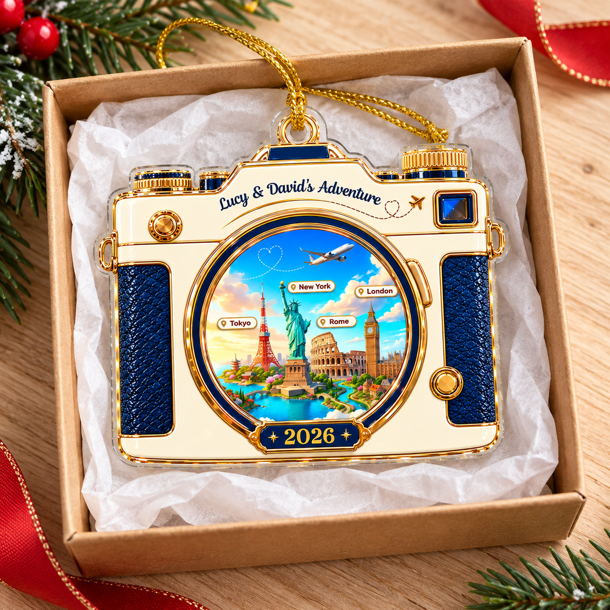 Personalized camera ornament resting inside a gift box with tissue paper and pine branches.