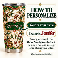 Personalization guide graphic showing custom name and example text next to luxury mahjong tumbler.