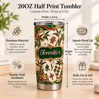 Product dimensions and features infographic overlaid on a stainless steel travel tumbler with jewel-encrusted design.