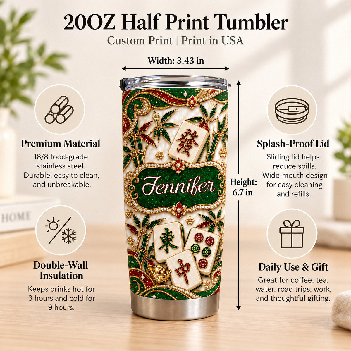 Product dimensions and features infographic overlaid on a stainless steel travel tumbler with jewel-encrusted design.