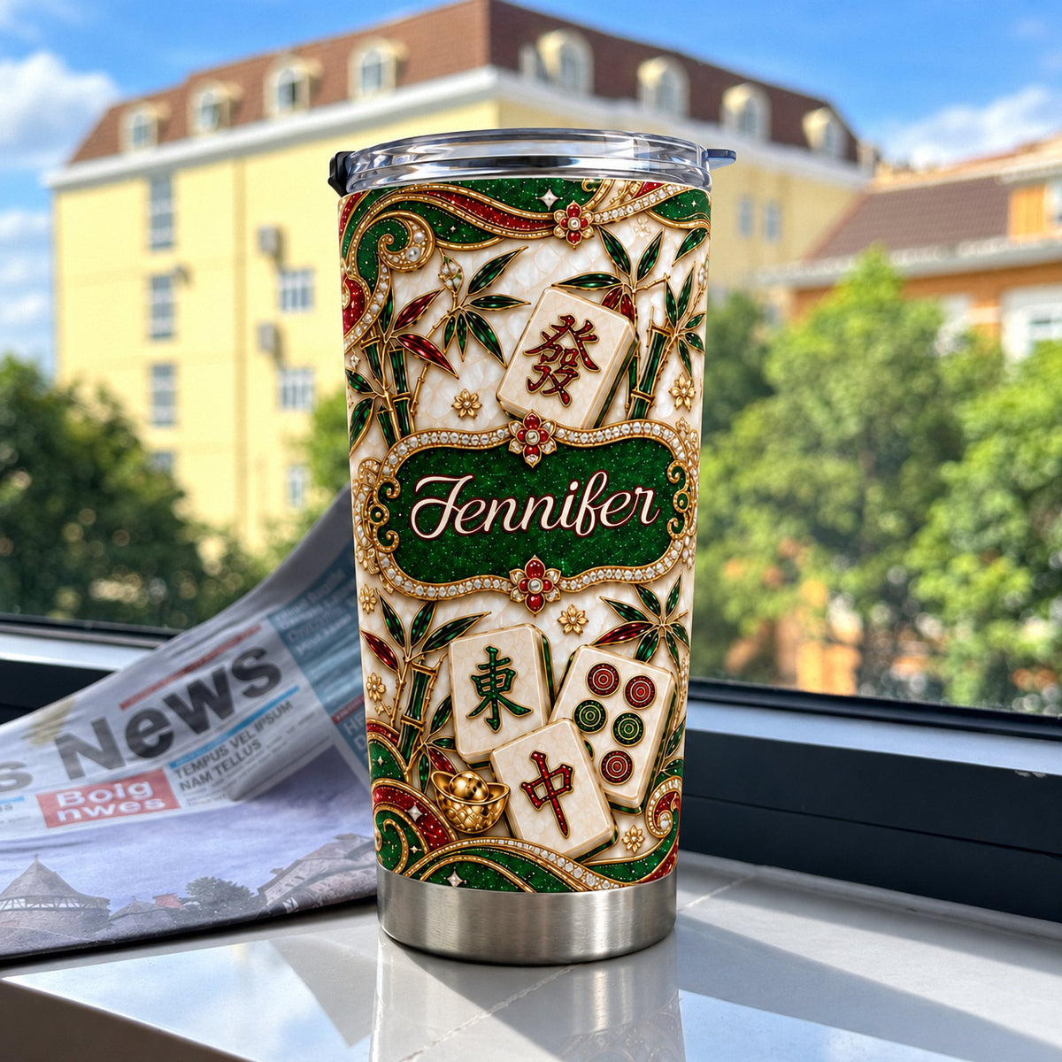 Stainless steel tumbler cup featuring red dragon mahjong and gold ingots displayed on window sill overlooking buildings.
