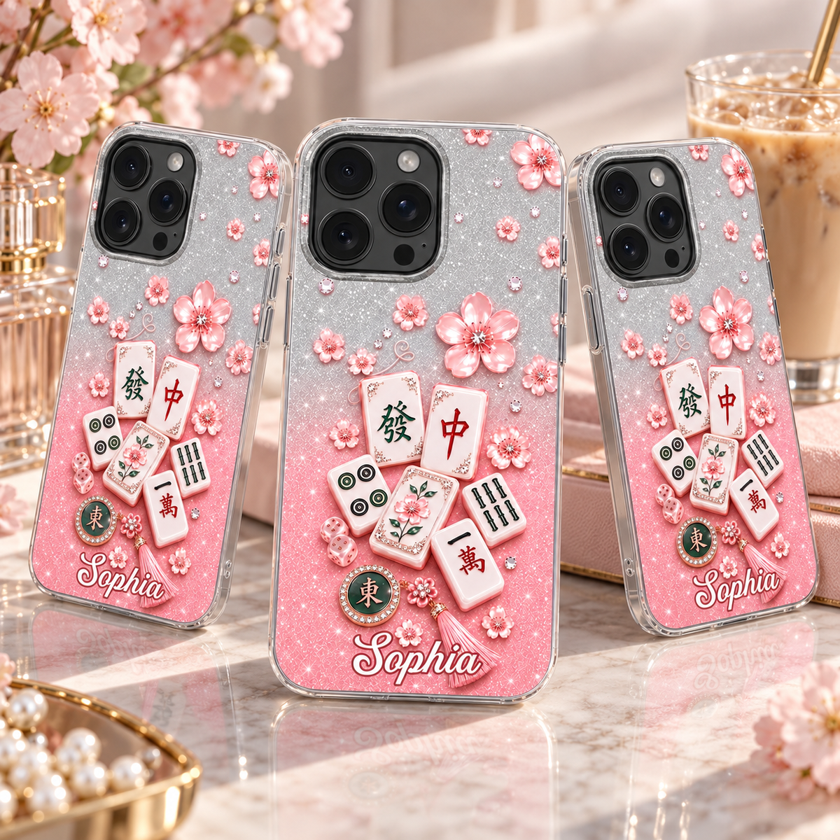 Mahjong Cherry Blossom Phone Case Personalized Clear Cover with Pink Glitter Tiles and Sakura Design on a hanger, ready to ship from Austin, Texas