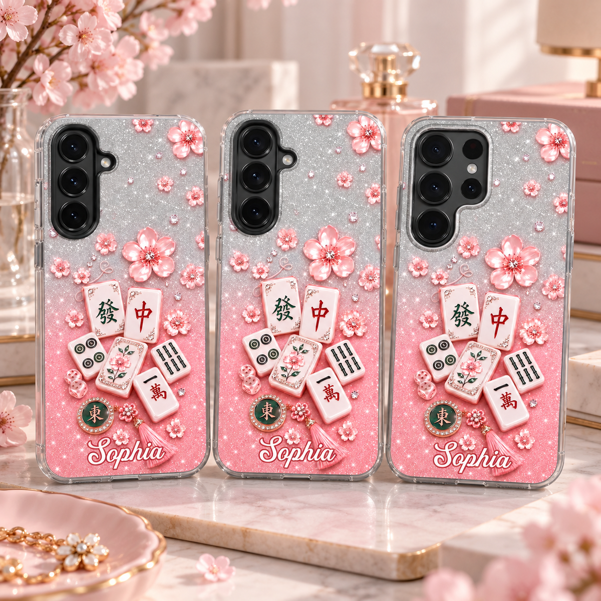 Close-up of Mahjong Cherry Blossom Phone Case Personalized Clear Cover with Pink Glitter Tiles and Sakura Design for streetwear fans in Austin, Texas