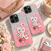 Customer in Austin, Texas wearing Mahjong Cherry Blossom Phone Case Personalized Clear Cover with Pink Glitter Tiles and Sakura Design