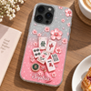 Close-up of Mahjong Cherry Blossom Phone Case Personalized Clear Cover with Pink Glitter Tiles and Sakura Design for streetwear fans in Austin, Texas