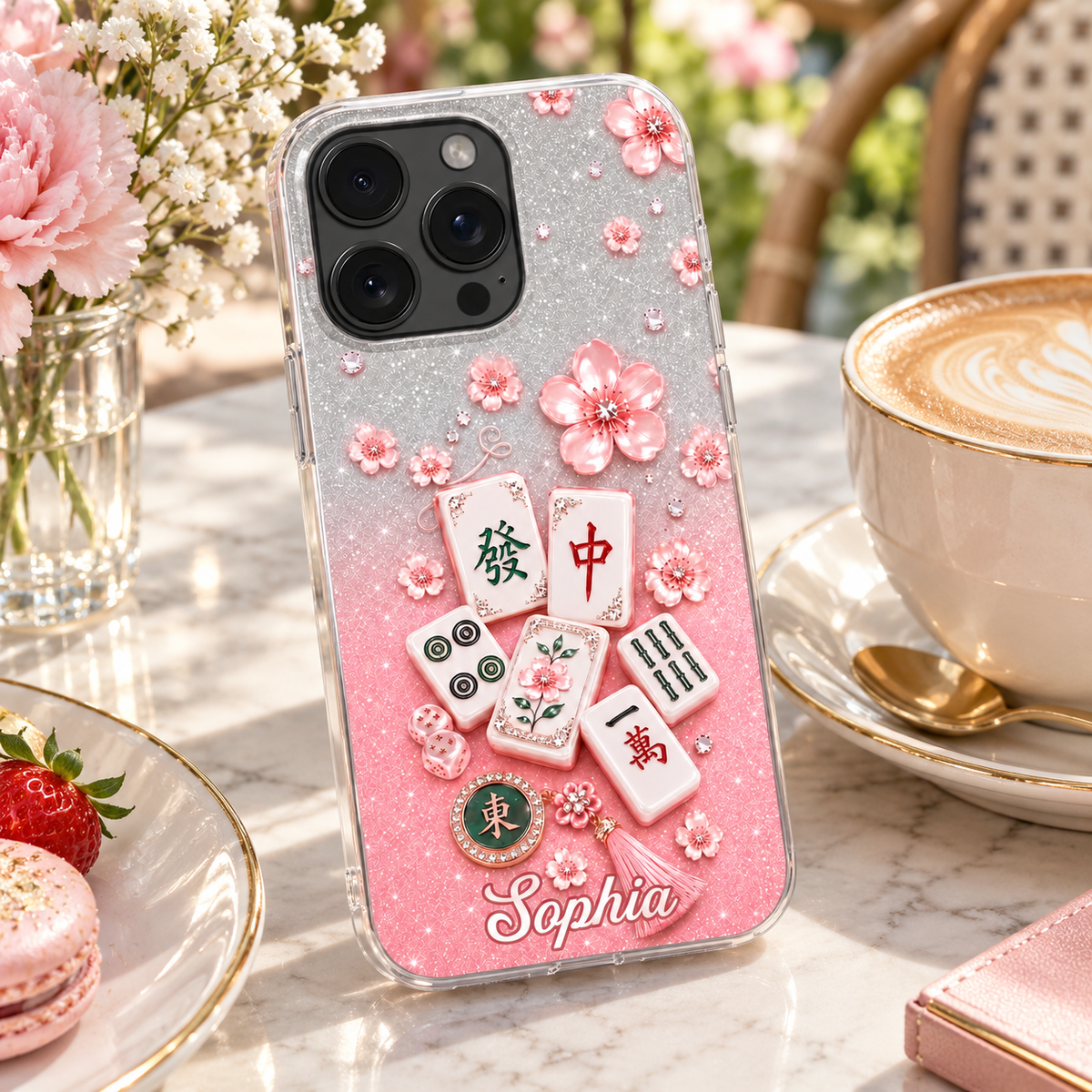 Mahjong Cherry Blossom Phone Case Personalized Clear Cover with Pink Glitter Tiles and Sakura Design available at our Austin, Texas warehouse