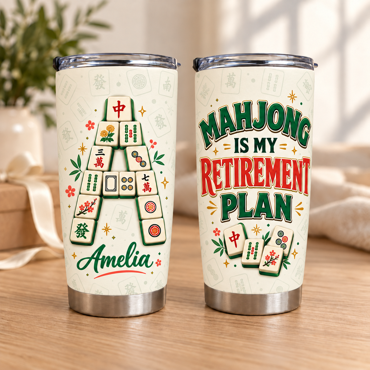 Personalized Mahjong Retirement Tumbler Custom Name Initial Gift — main product view