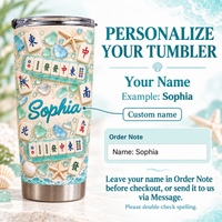 A product guide graphic explains how to personalize the custom name tumbler.