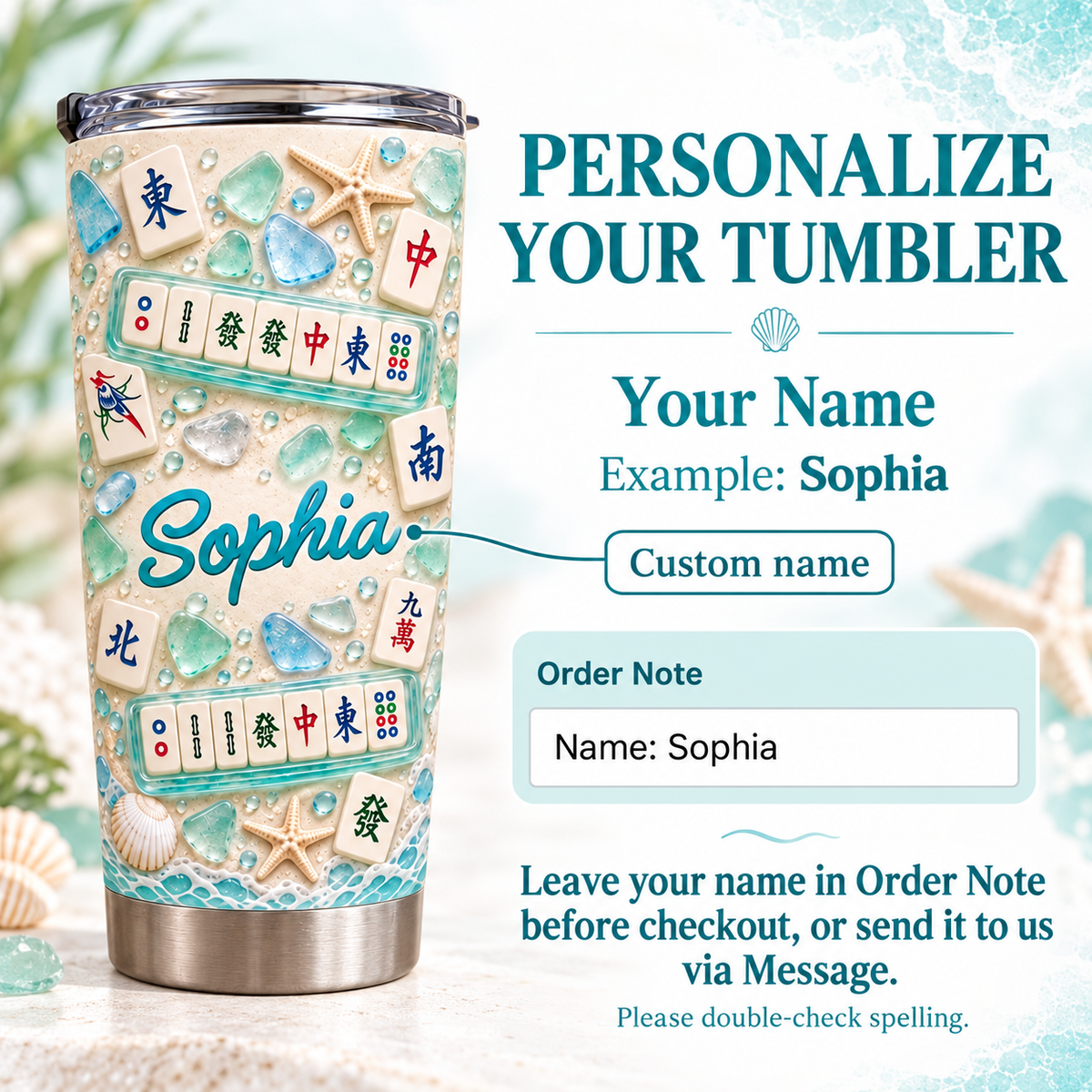 A product guide graphic explains how to personalize the custom name tumbler.