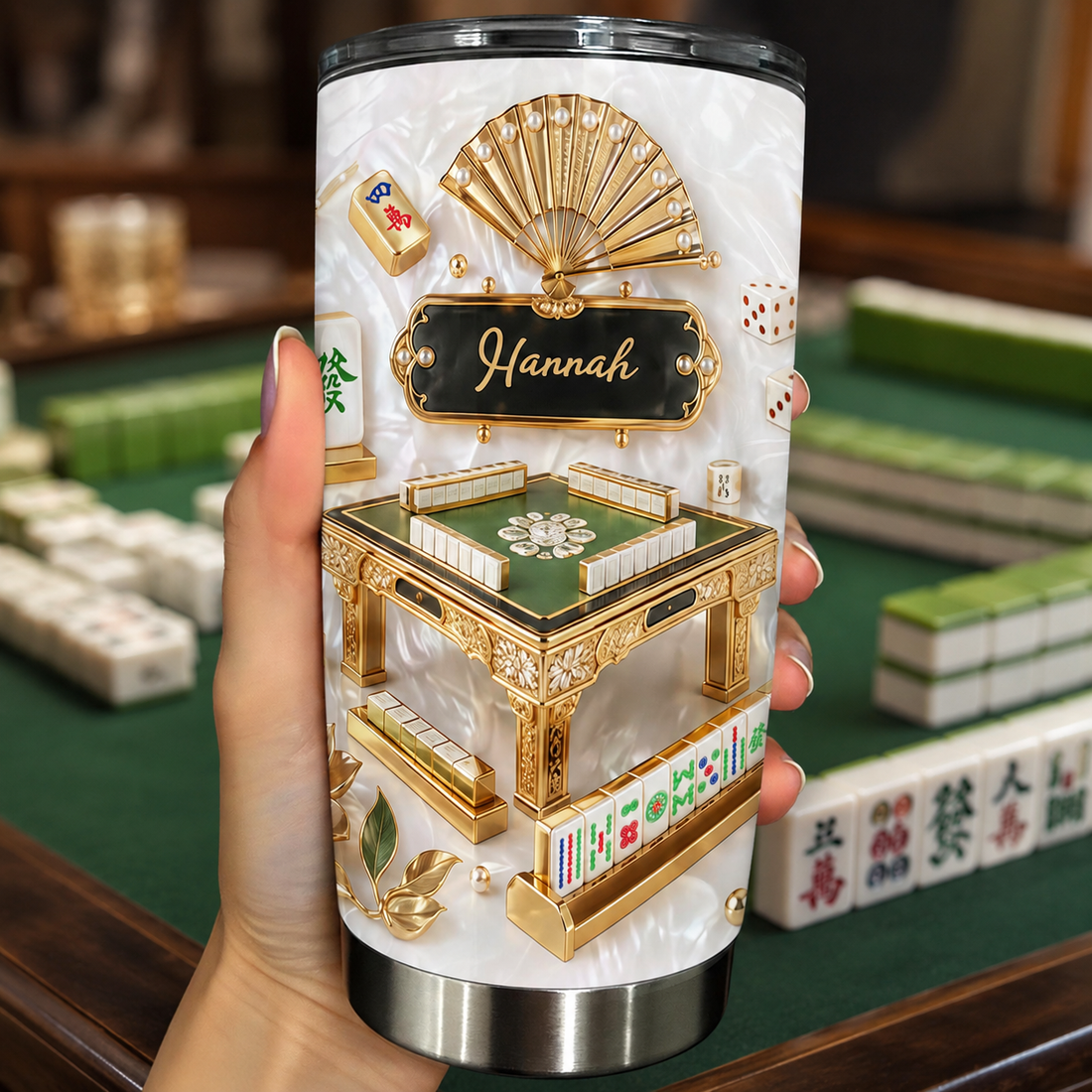 Mahjong Tile Themed Tumbler Personalized Stainless Steel Travel Mug, Custom Name Mahjong Game Night  on a hanger, ready to ship from Austin, Texas