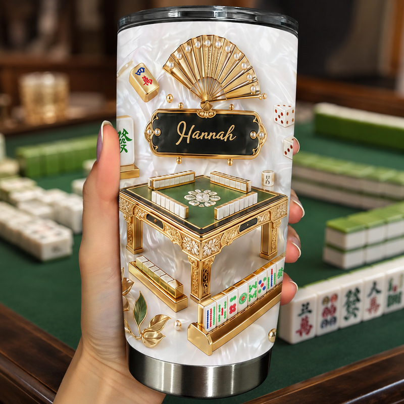 Mahjong Tile Themed Tumbler Personalized Stainless Steel Travel Mug, Custom Name Mahjong Game Night  on a hanger, ready to ship from Austin, Texas