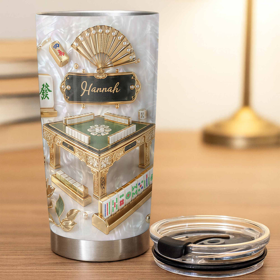 Customer in Austin, Texas wearing Mahjong Tile Themed Tumbler Personalized Stainless Steel Travel Mug, Custom Name Mahjong Game Night 
