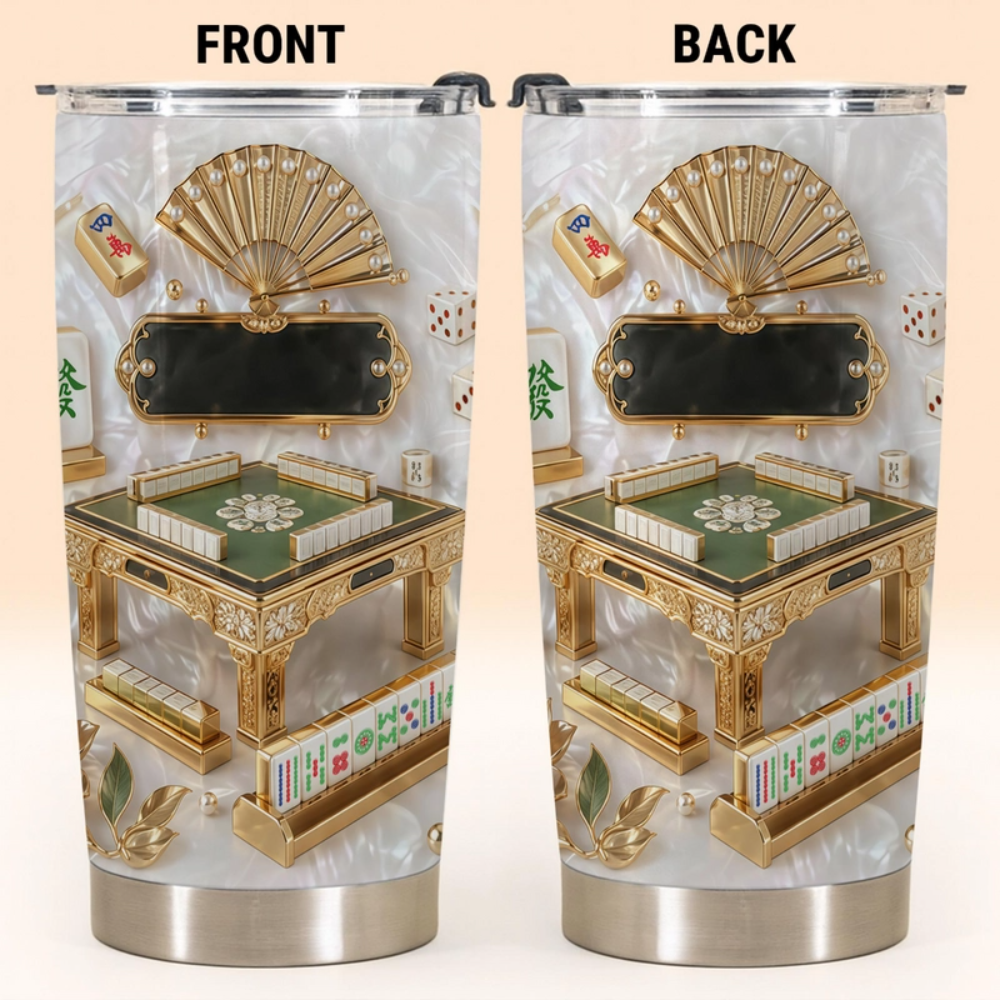 Close-up of Mahjong Tile Themed Tumbler Personalized Stainless Steel Travel Mug, Custom Name Mahjong Game Night  for streetwear fans in Austin, Texas