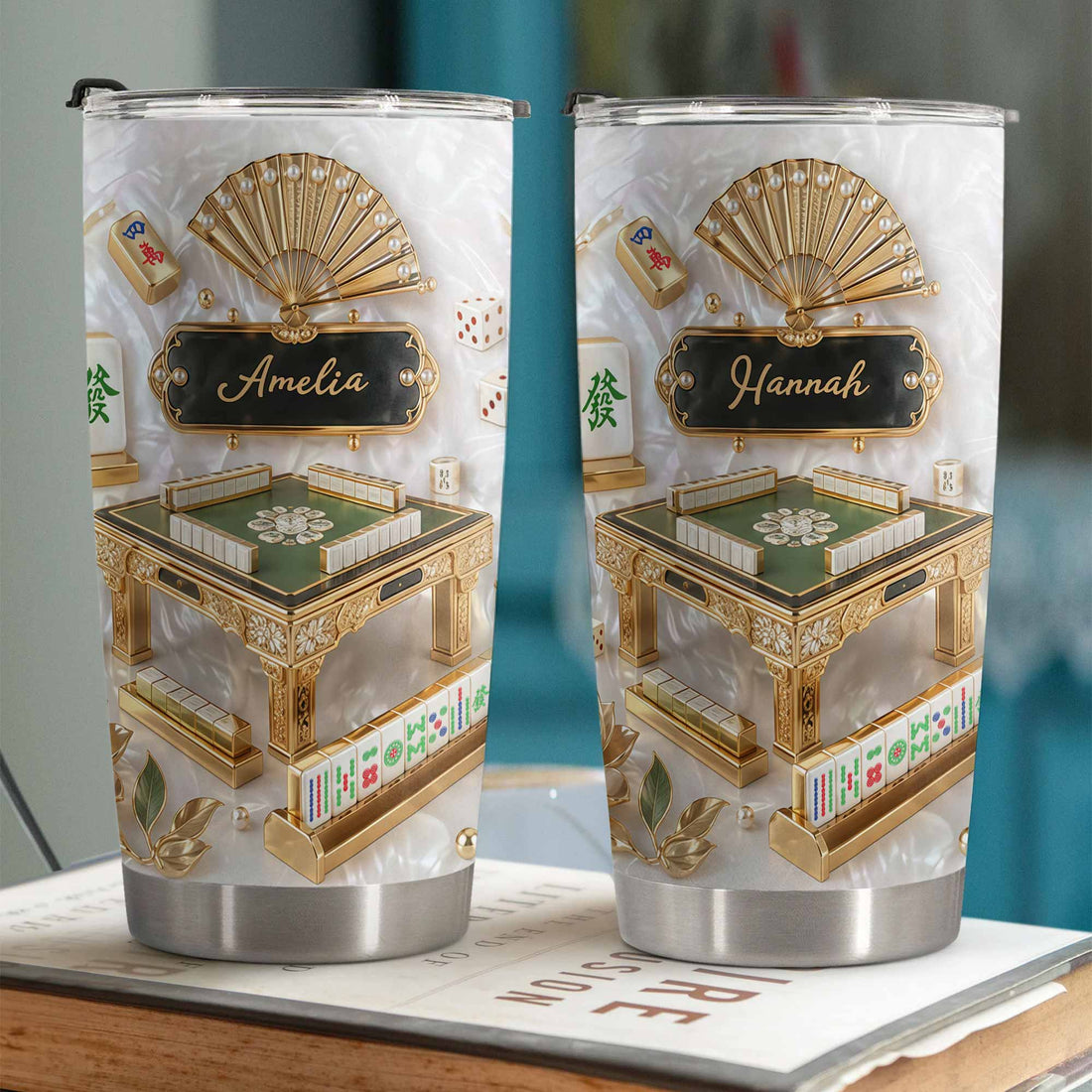 Customer in Austin, Texas wearing Mahjong Tile Themed Tumbler Personalized Stainless Steel Travel Mug, Custom Name Mahjong Game Night 