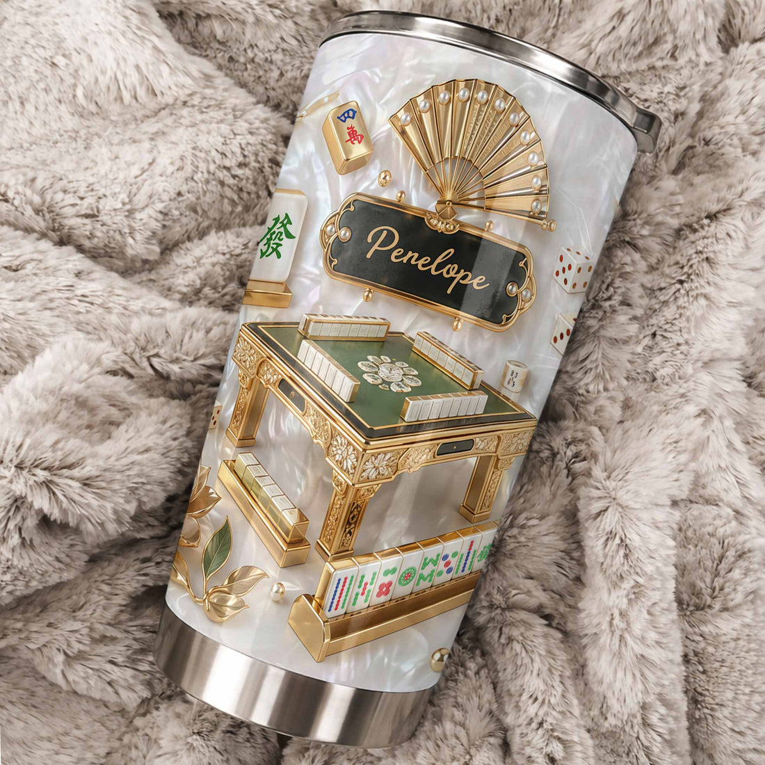 Mahjong Tile Themed Tumbler Personalized Stainless Steel Travel Mug, Custom Name Mahjong Game Night  available at our Austin, Texas warehouse